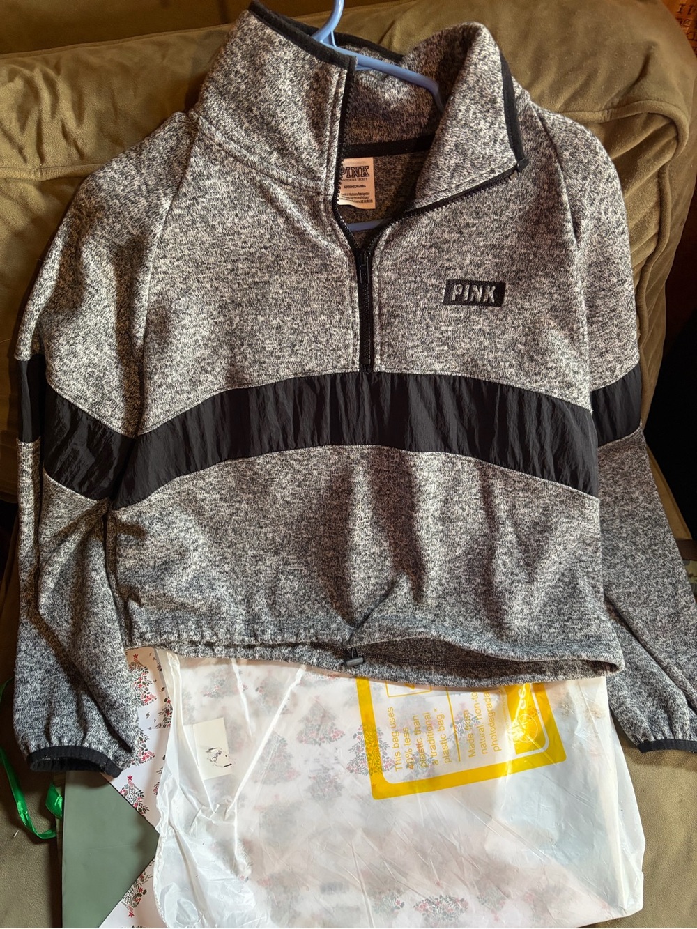 PINK Victoria's Secret heather gray half-zip pullover with black trim